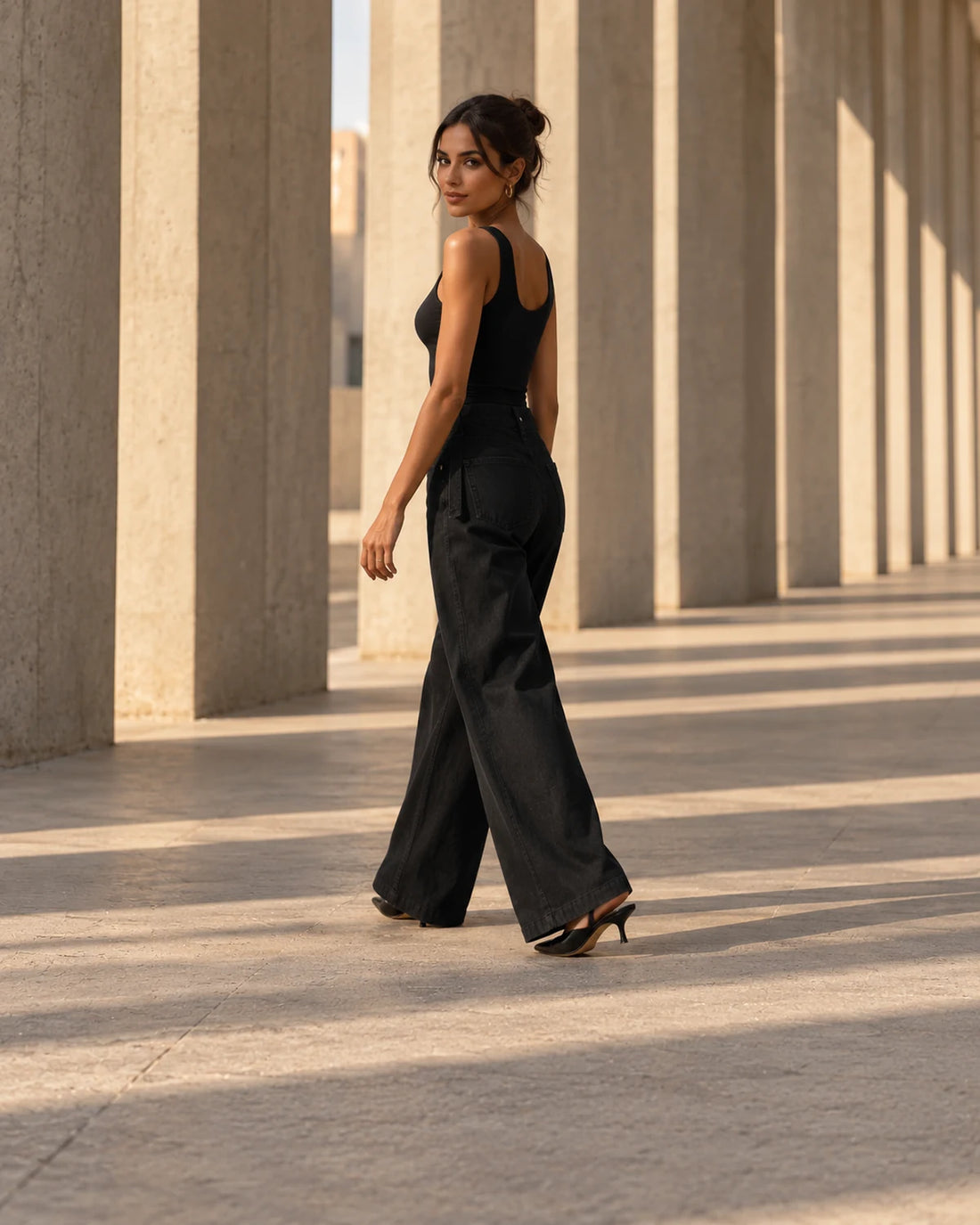 Black Wide Leg Pants with Cross Waist Detail