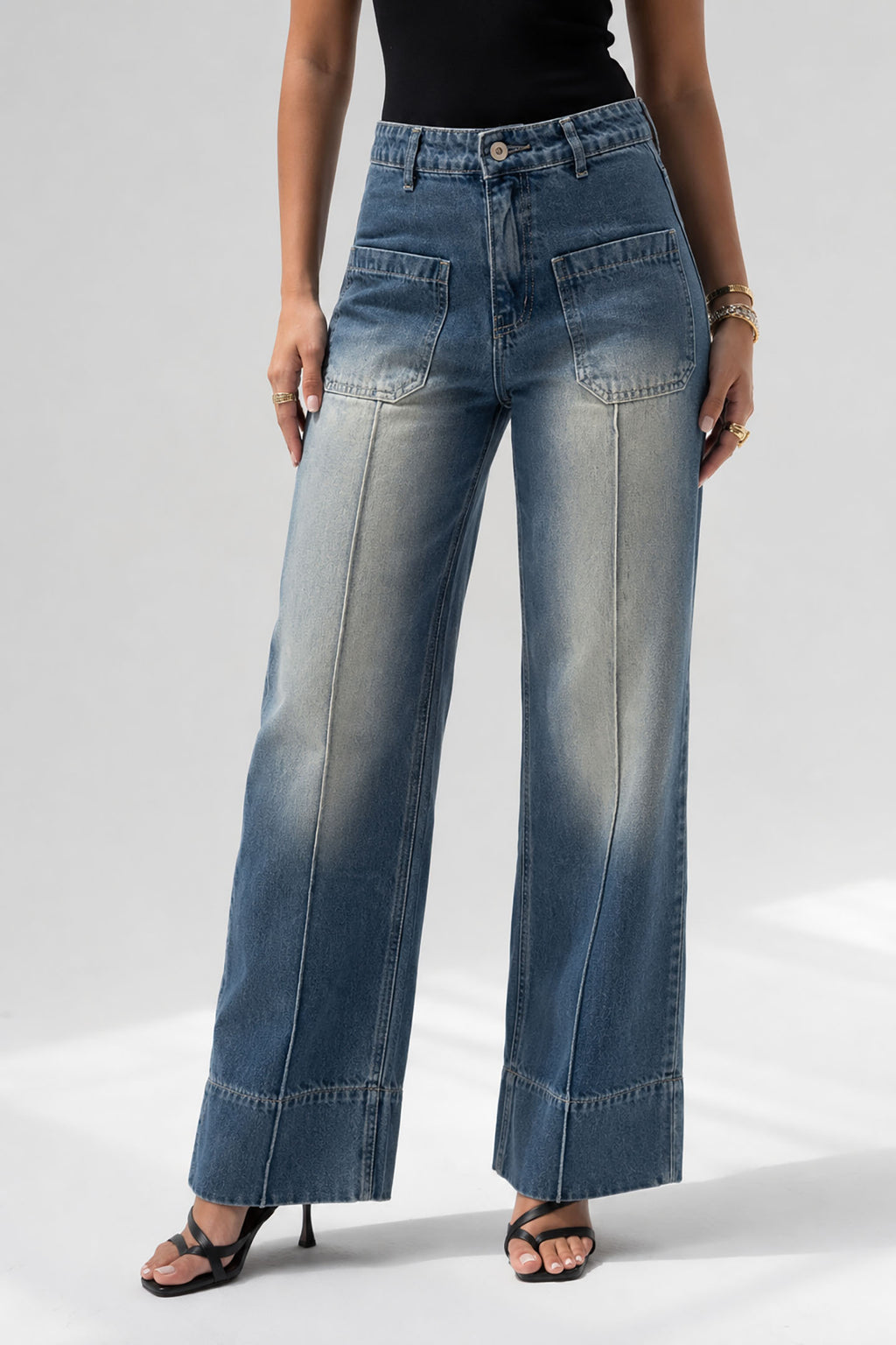 Blue High-Waisted Pocket Wide Leg Jeanst