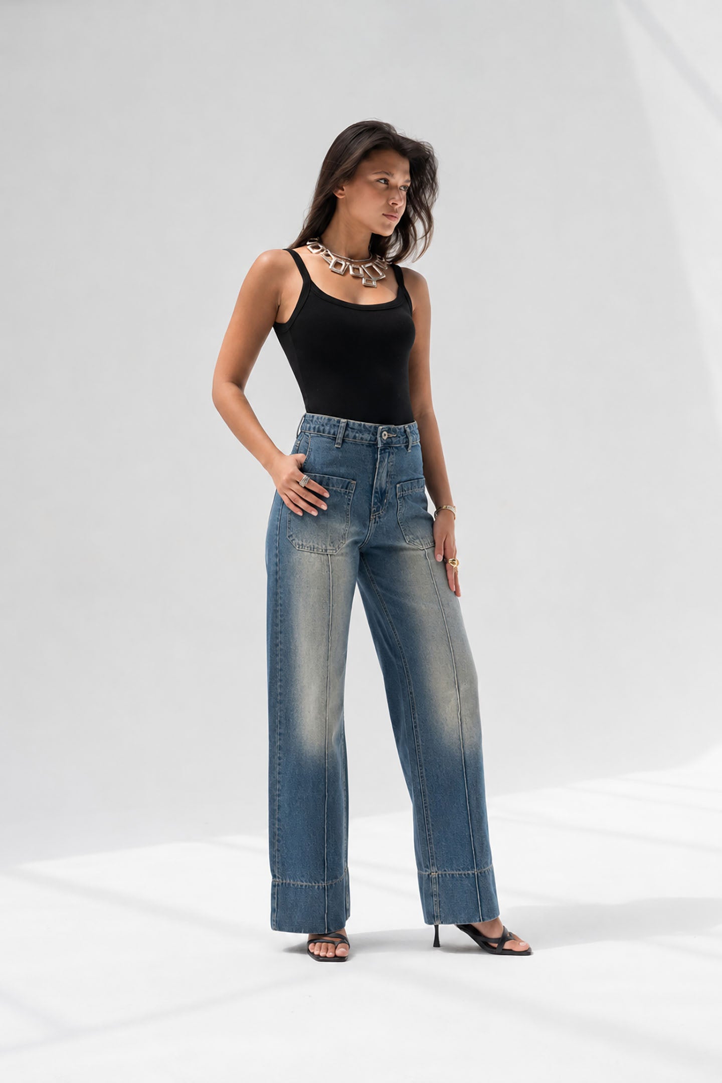 Blue High-Waisted Pocket Wide Leg Jeanst