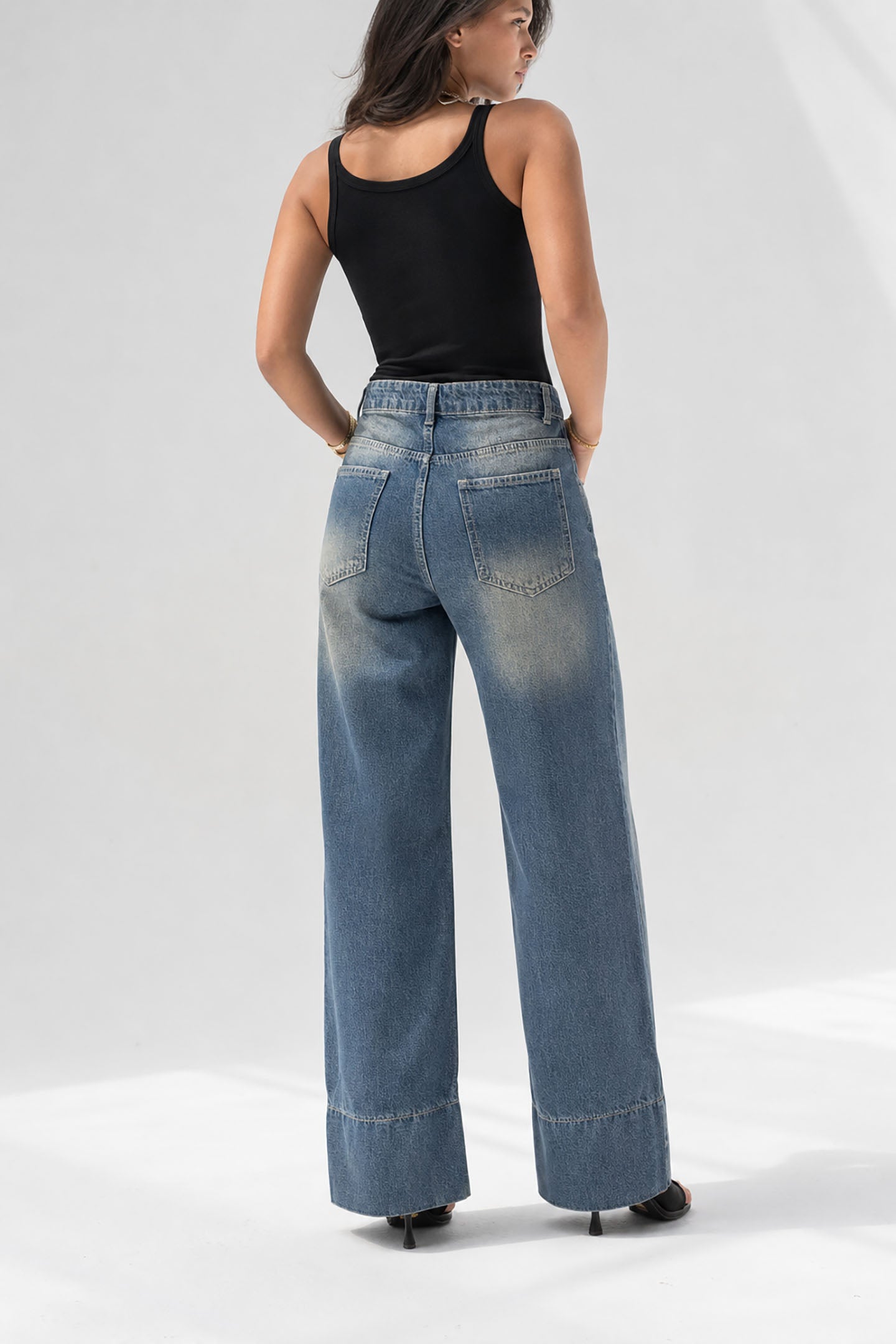 Blue High-Waisted Pocket Wide Leg Jeanst