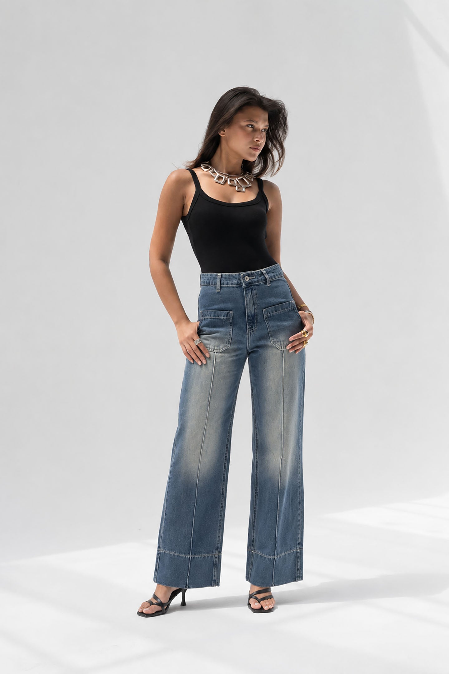 Blue High-Waisted Pocket Wide Leg Jeanst