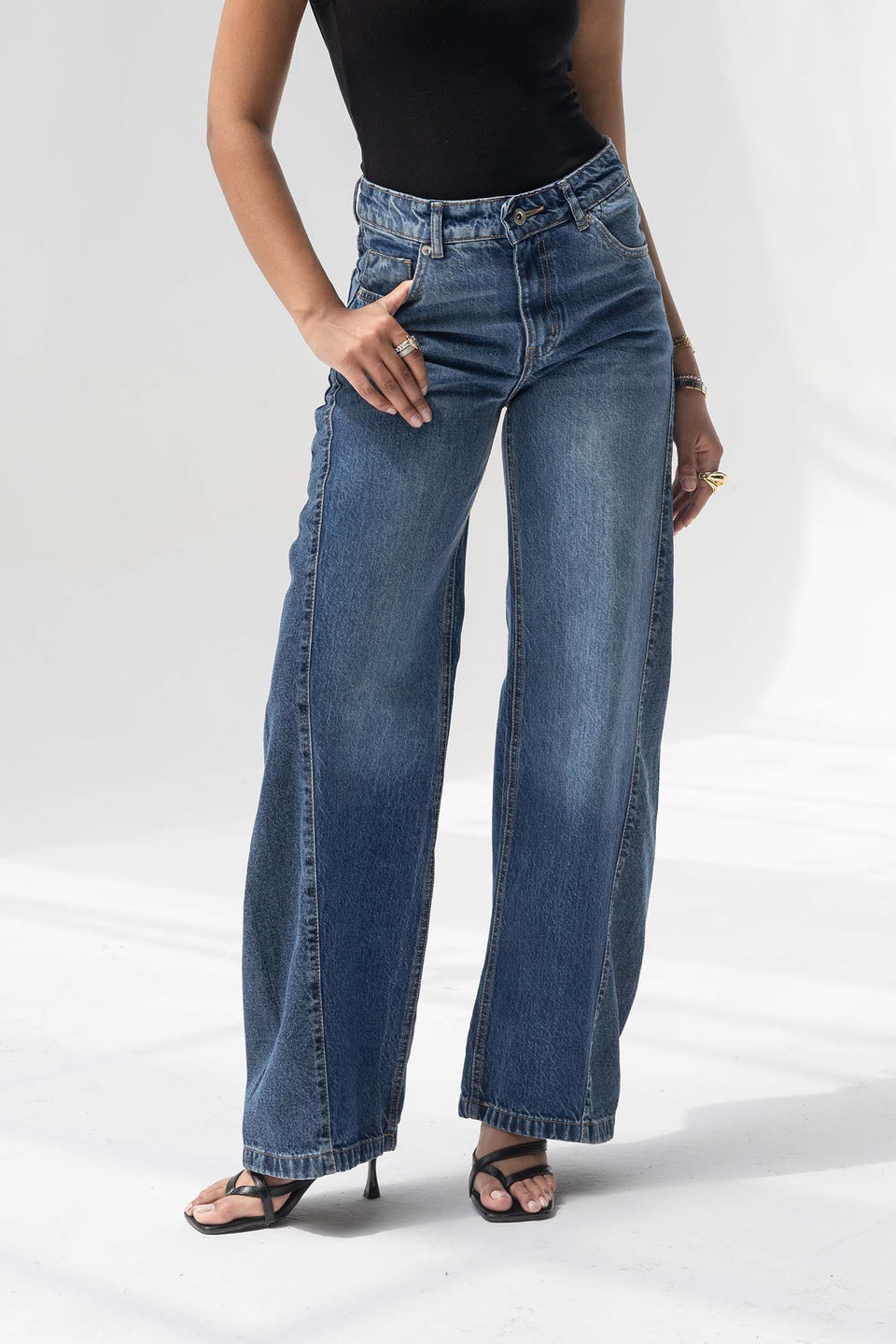 Deep Blue High Rise Front Seam Wide Leg Jeans