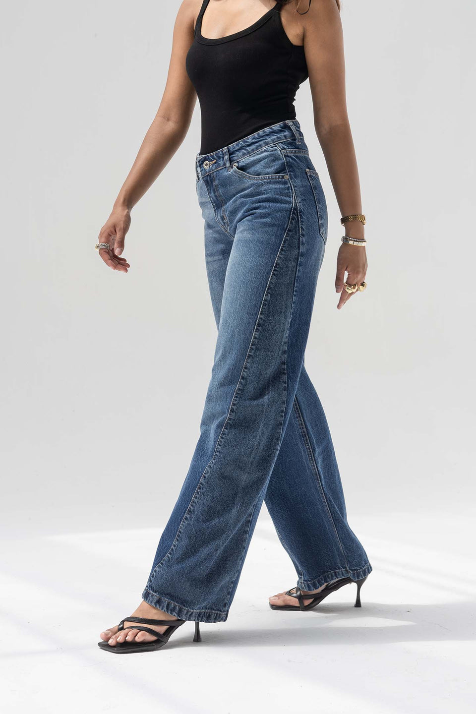 Deep Blue High Rise Front Seam Wide Leg Jeans