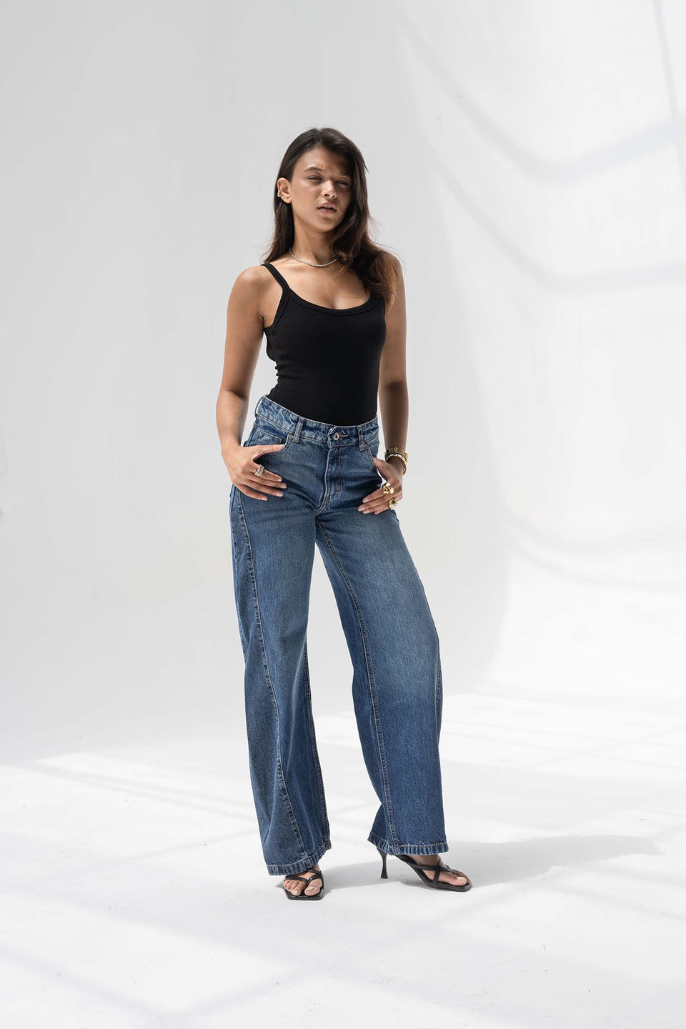 Deep Blue High Rise Front Seam Wide Leg Jeans