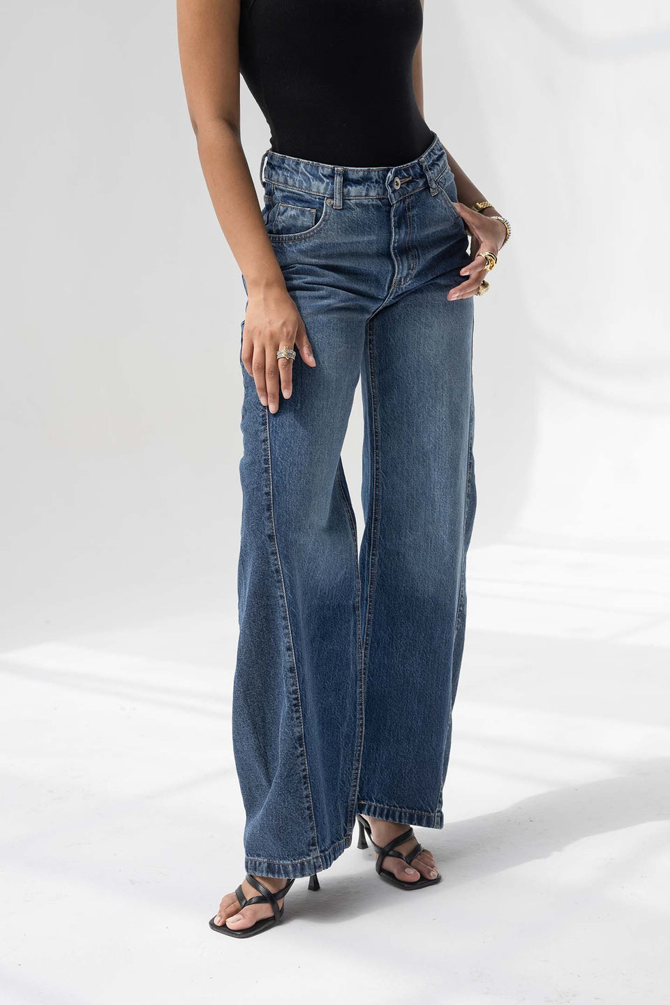 Deep Blue High Rise Front Seam Wide Leg Jeans