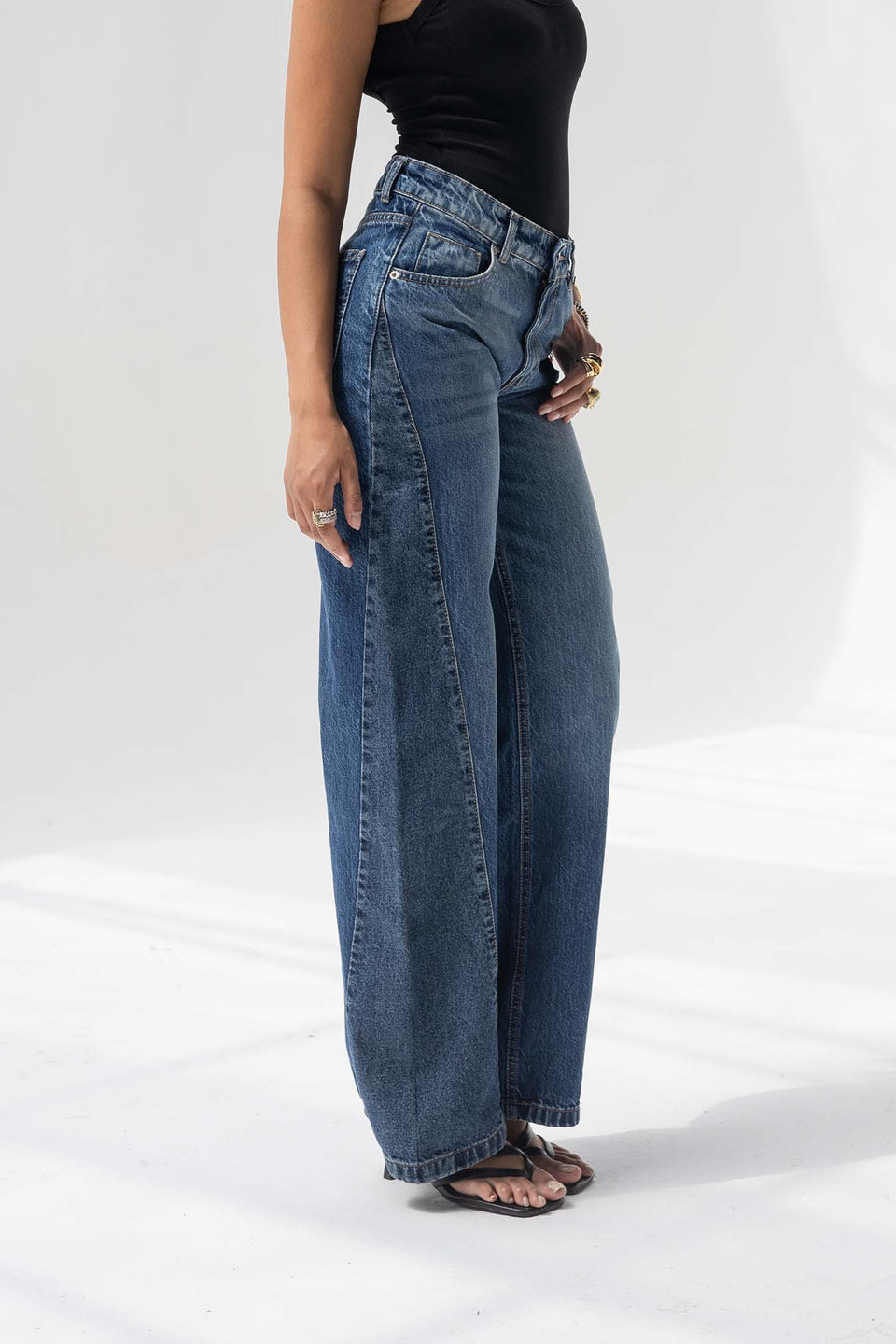 Deep Blue High Rise Front Seam Wide Leg Jeans