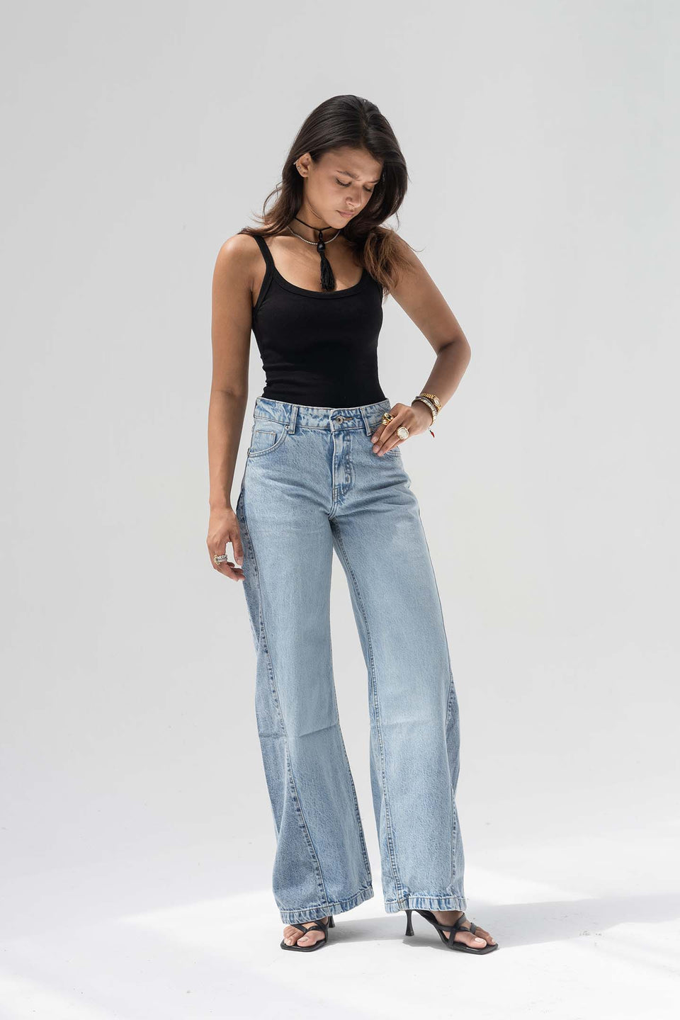 Light Blue High Rise Front Seam Wide Leg Jeans