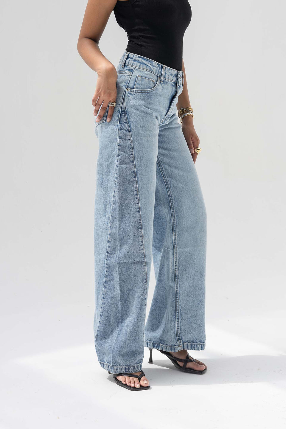 Light Blue High Rise Front Seam Wide Leg Jeans