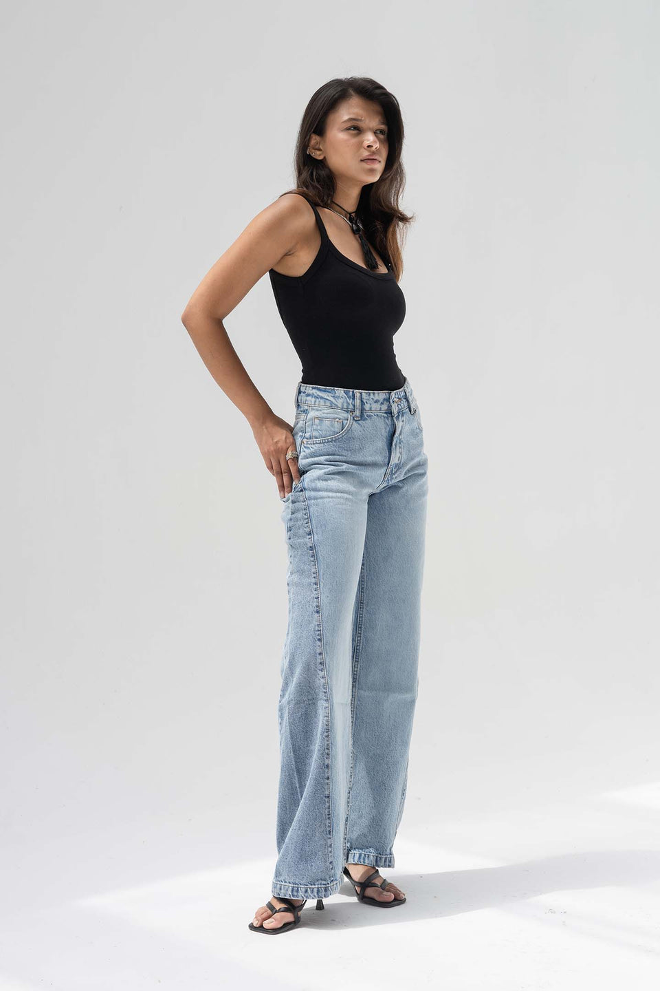 Light Blue High Rise Front Seam Wide Leg Jeans