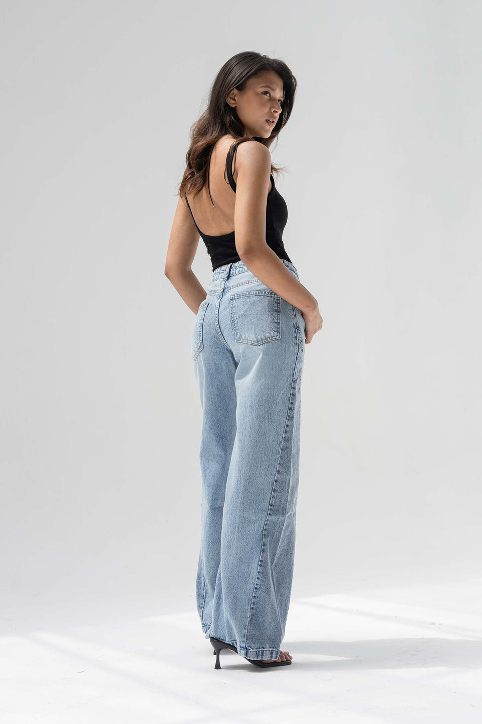 Light Blue High Rise Front Seam Wide Leg Jeans