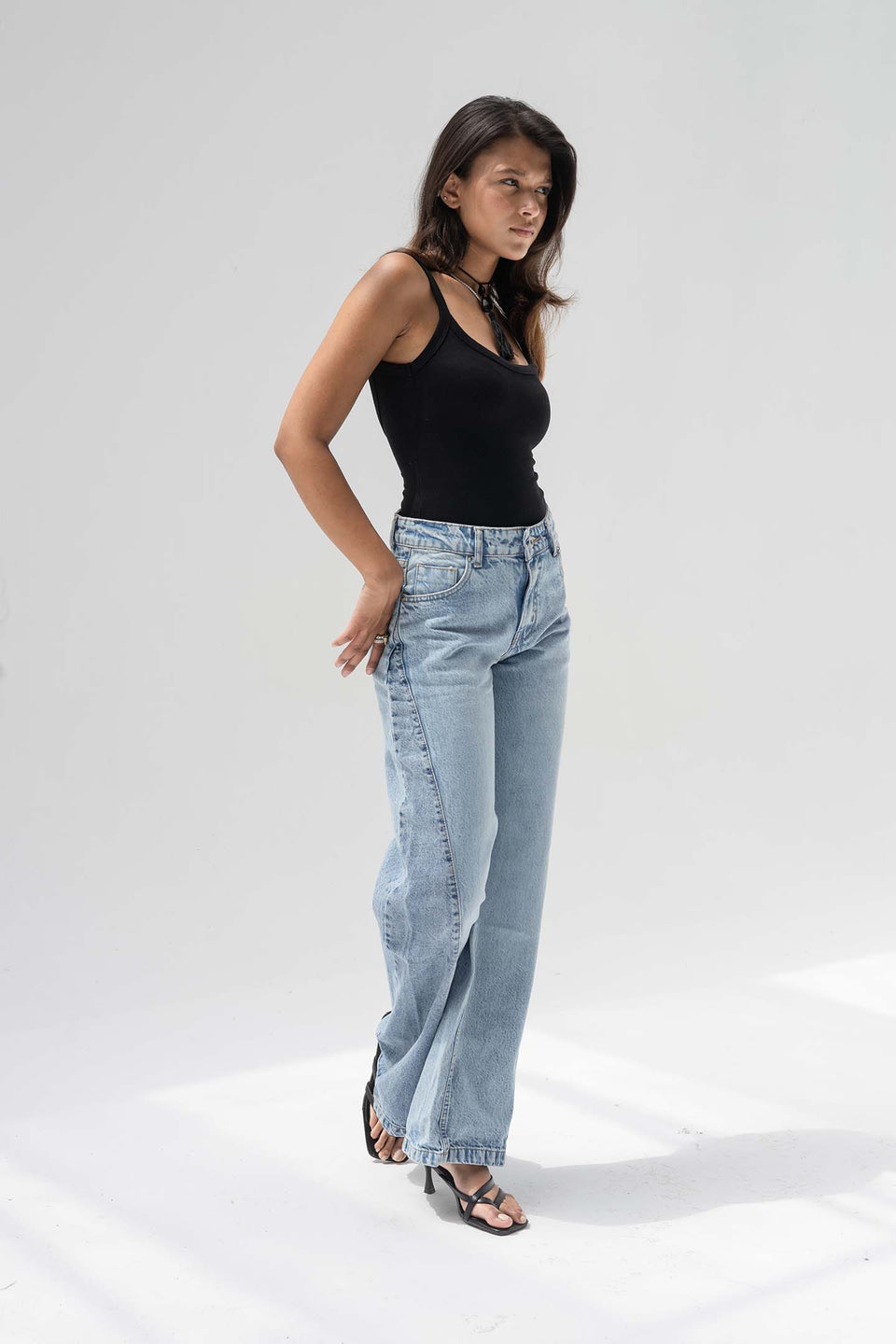 Light Blue High Rise Front Seam Wide Leg Jeans