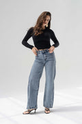Stone Blue High Rise Front Seam Wide Leg Jeans