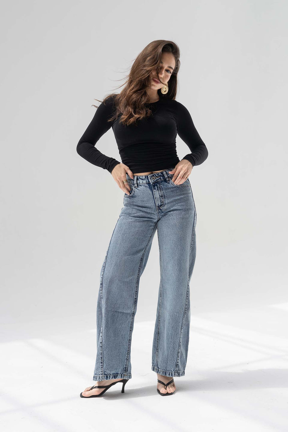 Stone Blue High Rise Front Seam Wide Leg Jeans