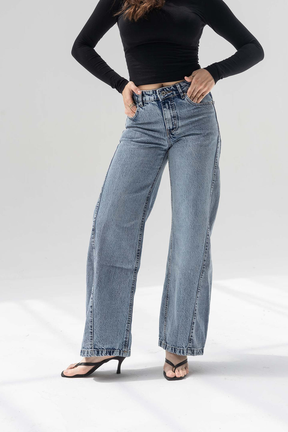 Stone Blue High Rise Front Seam Wide Leg Jeans