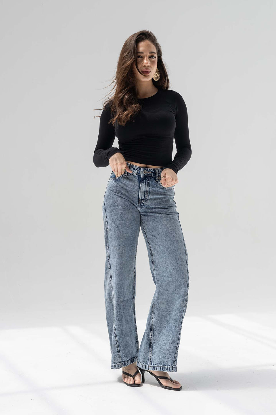 Stone Blue High Rise Front Seam Wide Leg Jeans
