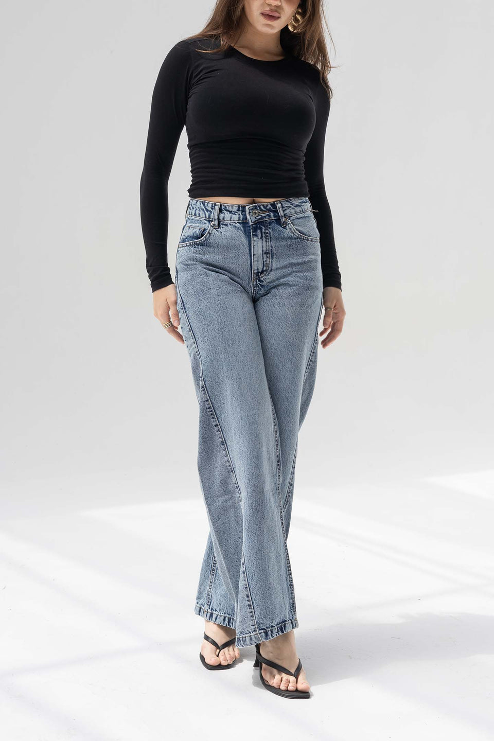 Stone Blue High Rise Front Seam Wide Leg Jeans