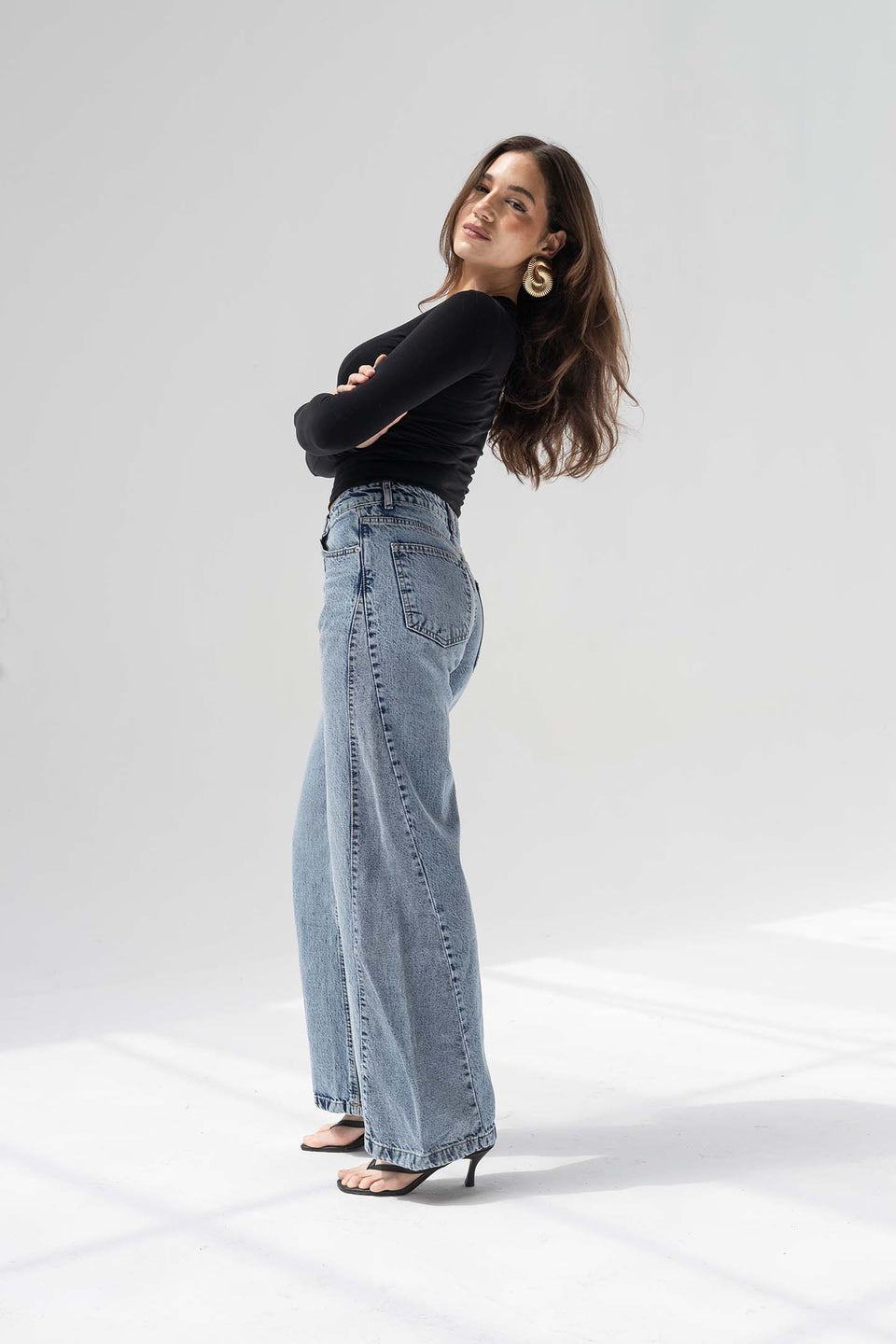 Stone Blue High Rise Front Seam Wide Leg Jeans