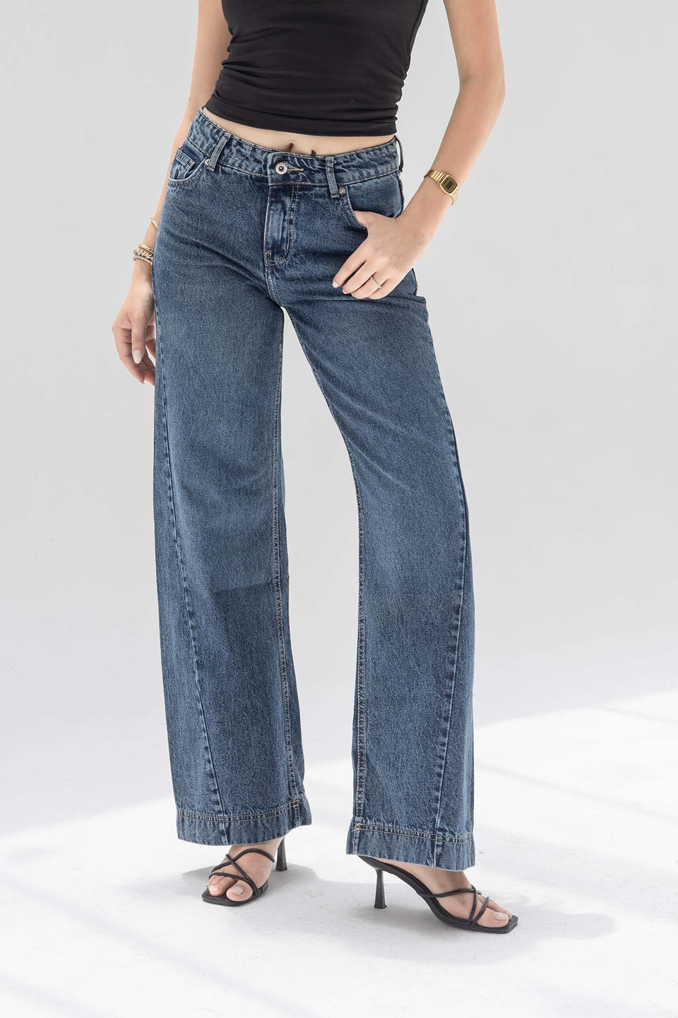Deep Blue High Rise Front Seam Wide Leg Jeans