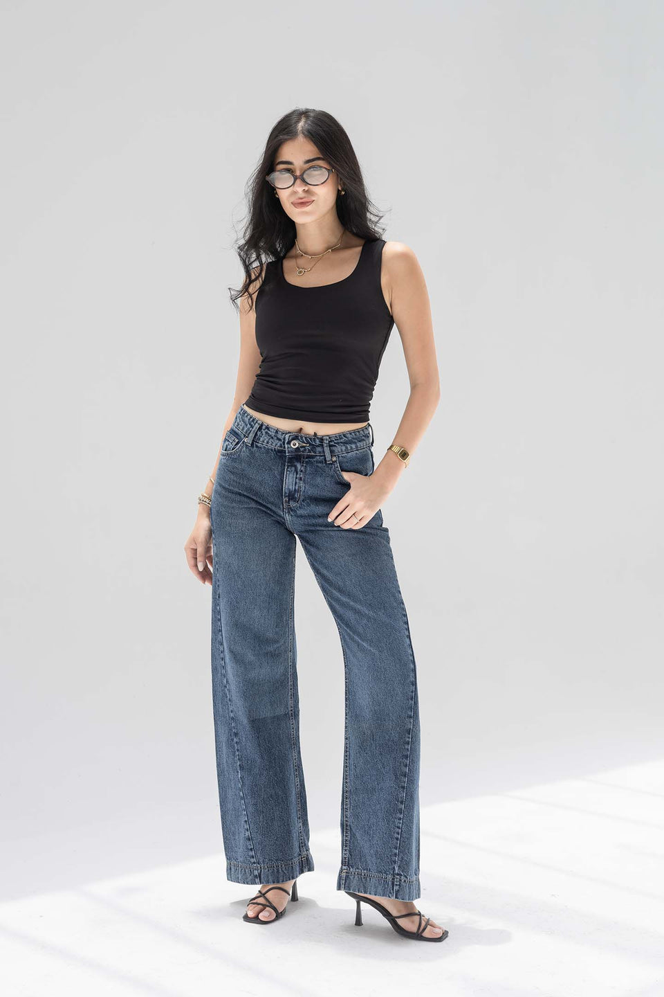 Deep Blue High Rise Front Seam Wide Leg Jeans