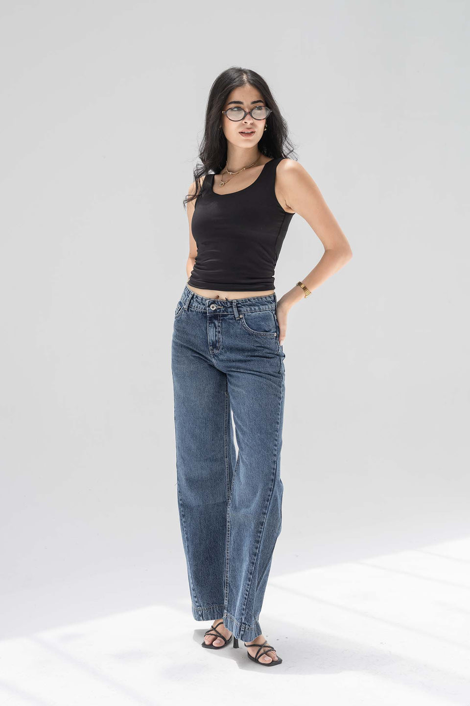 Deep Blue High Rise Front Seam Wide Leg Jeans