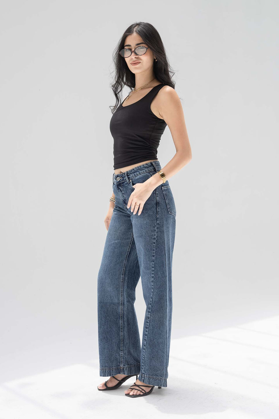 Deep Blue High Rise Front Seam Wide Leg Jeans