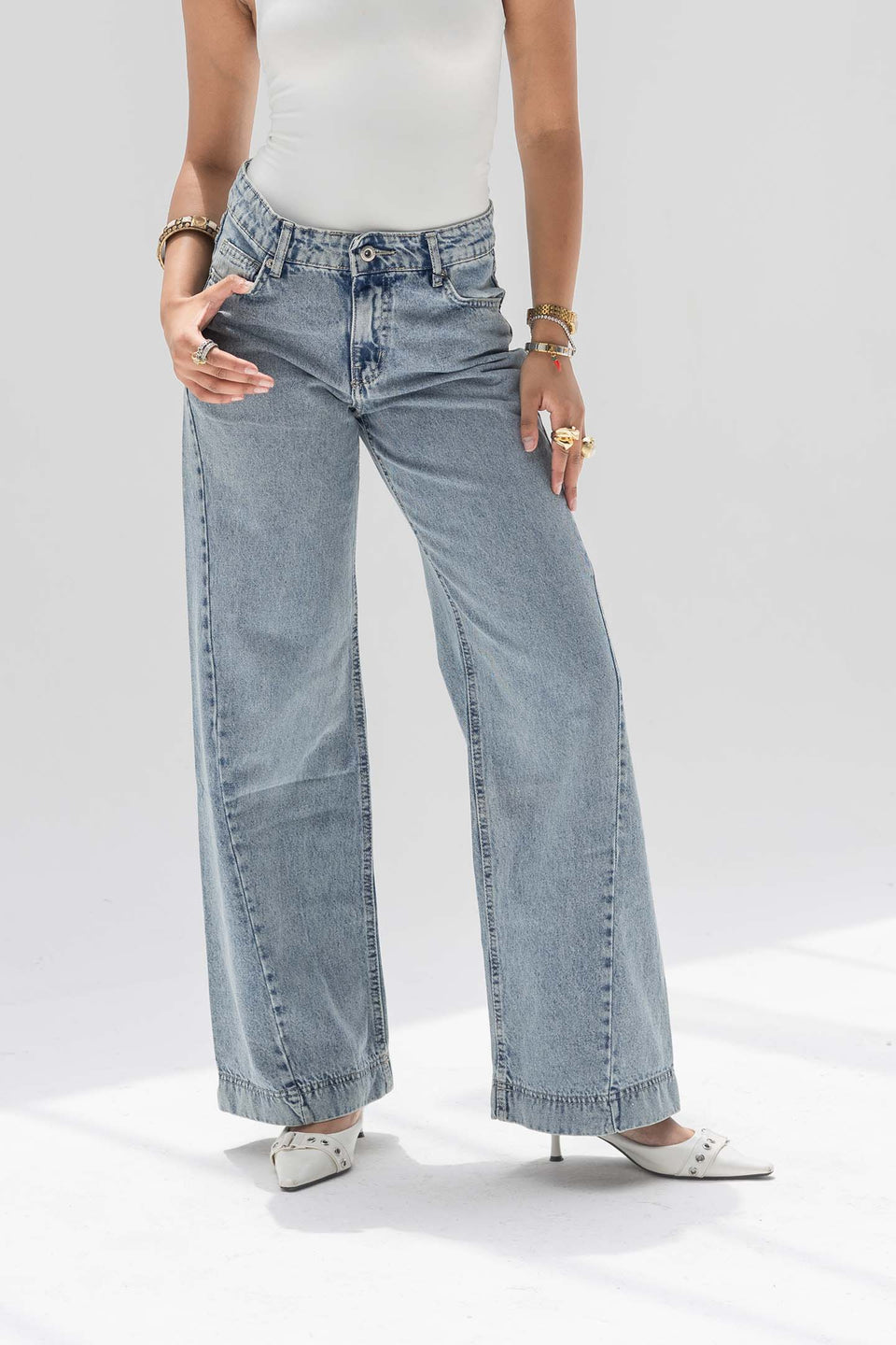 Stone Blue High Rise Front Seam Wide Leg Jeans
