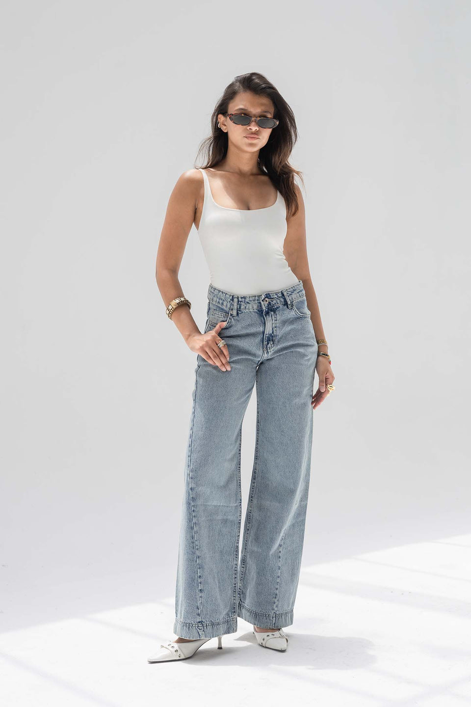 Stone Blue High Rise Front Seam Wide Leg Jeans