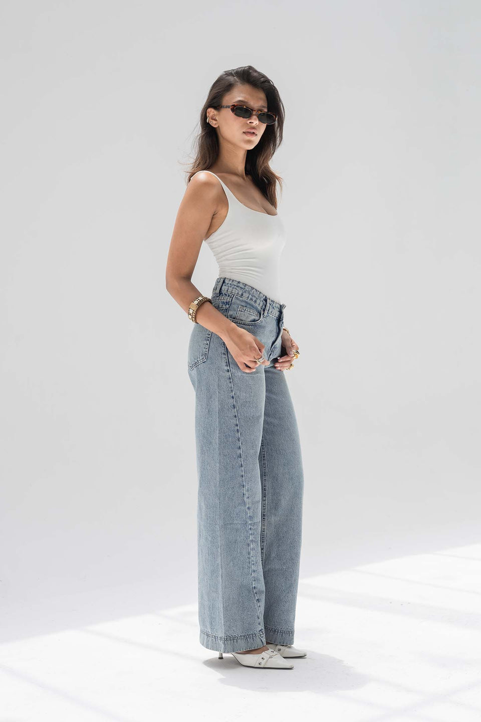Stone Blue High Rise Front Seam Wide Leg Jeans