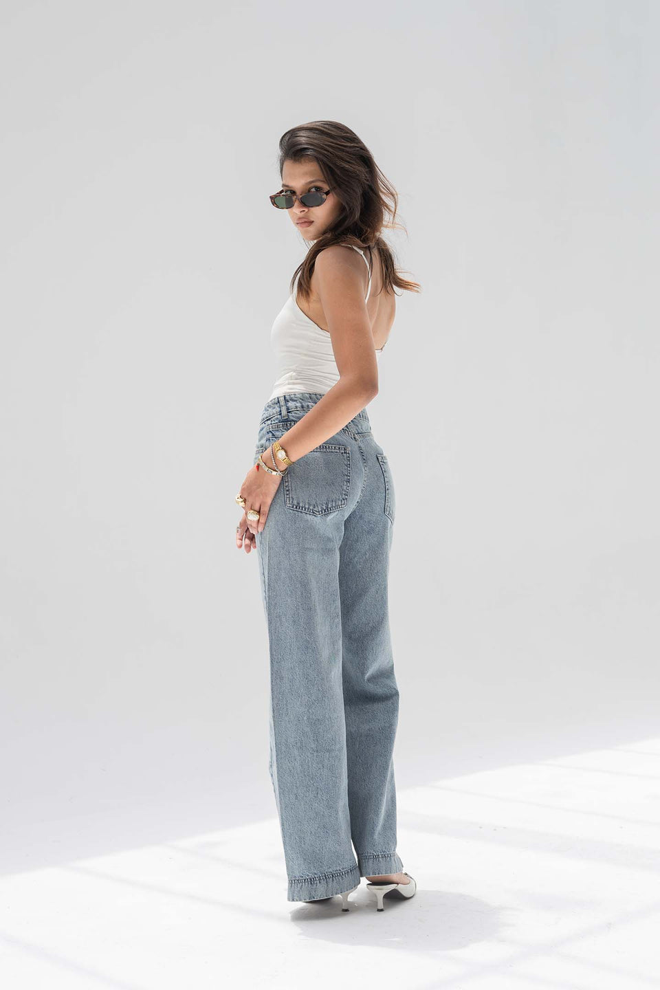 Stone Blue High Rise Front Seam Wide Leg Jeans