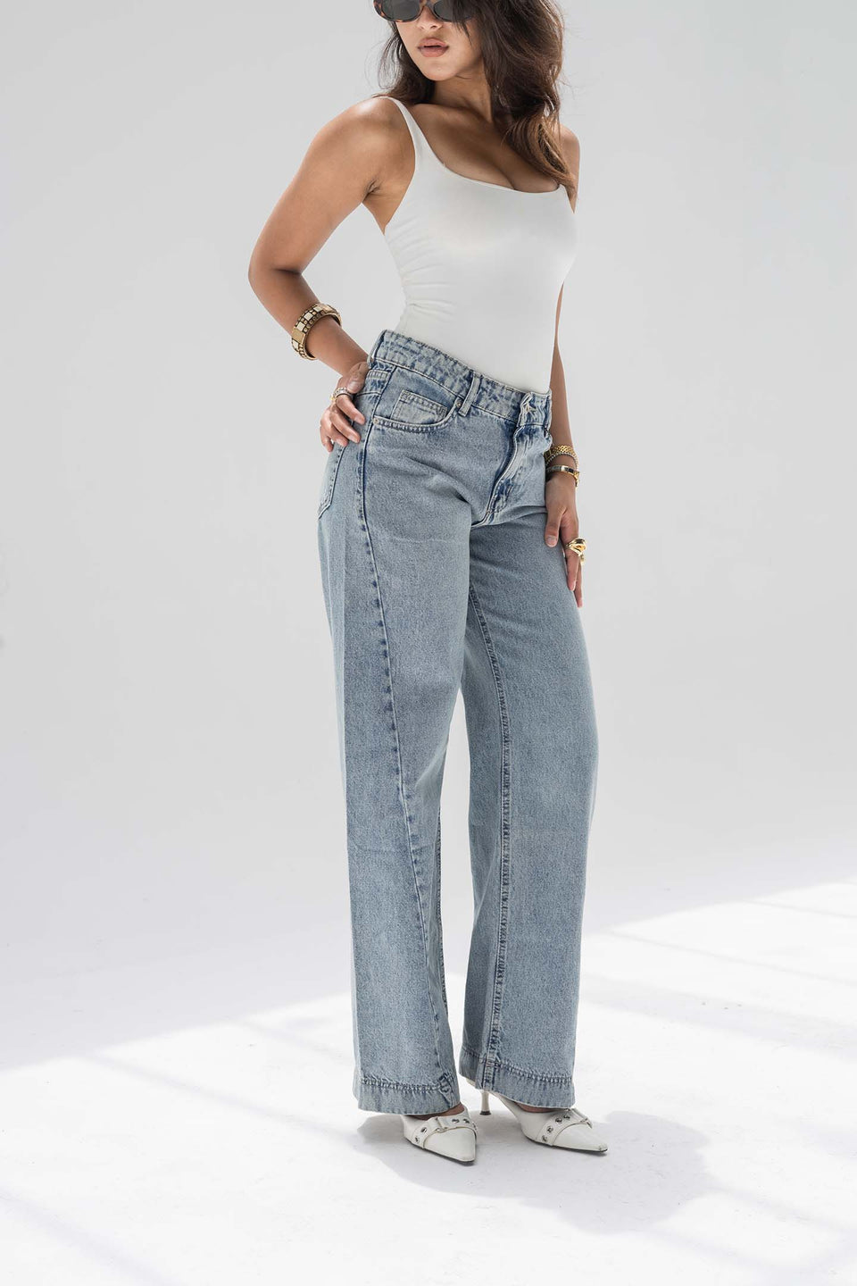 Stone Blue High Rise Front Seam Wide Leg Jeans
