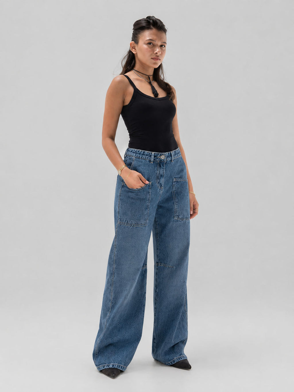 Blue High-Waisted Pocket Wide Leg Jeans