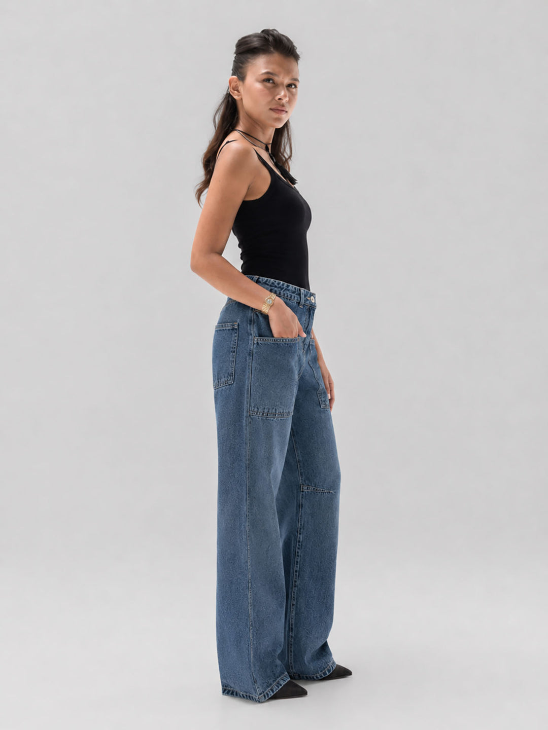 Blue High-Waisted Pocket Wide Leg Jeans