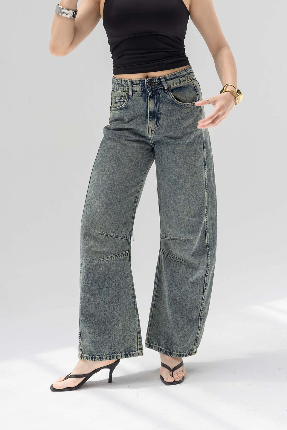 Grey Curved Seam Barrel Jeans