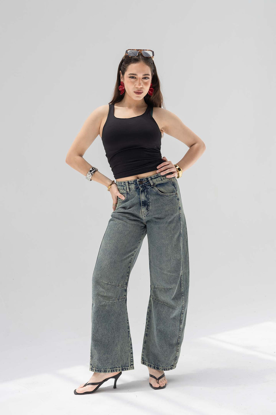 Grey Curved Seam Barrel Jeans