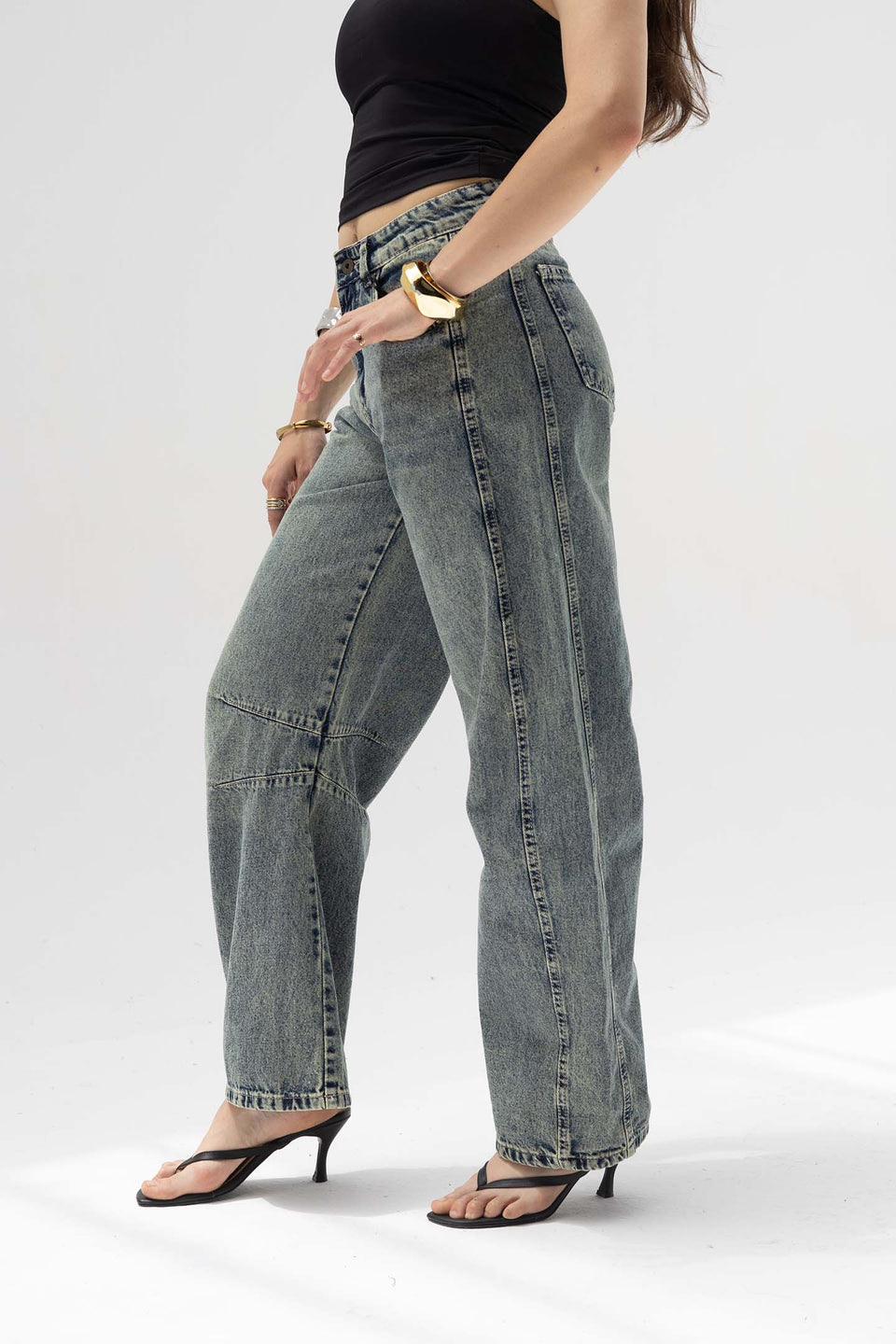 Grey Curved Seam Barrel Jeans