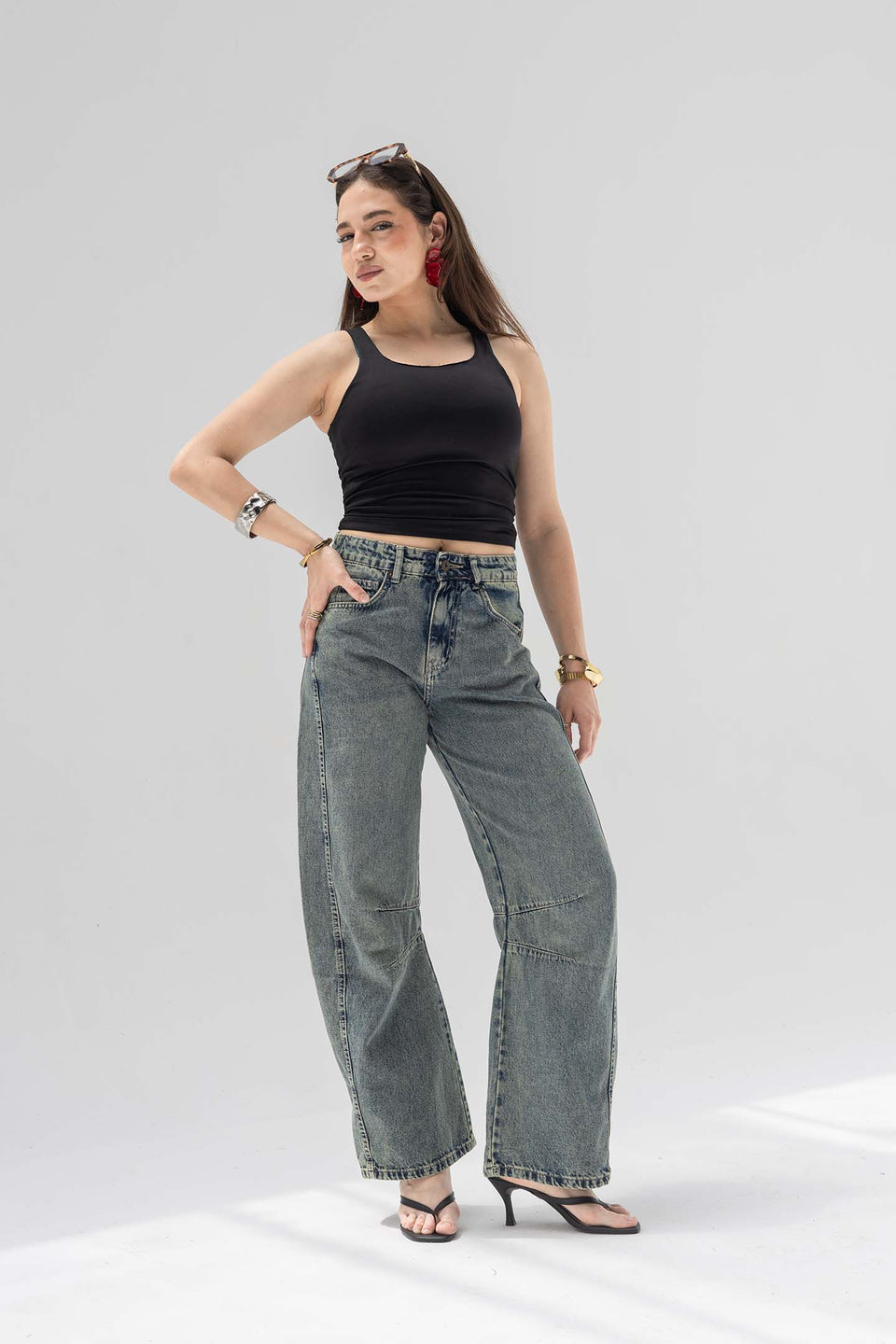 Grey Curved Seam Barrel Jeans