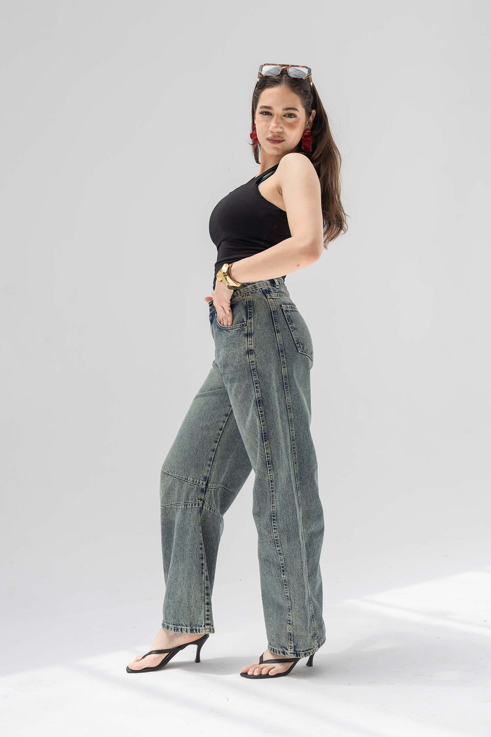 Grey Curved Seam Barrel Jeans