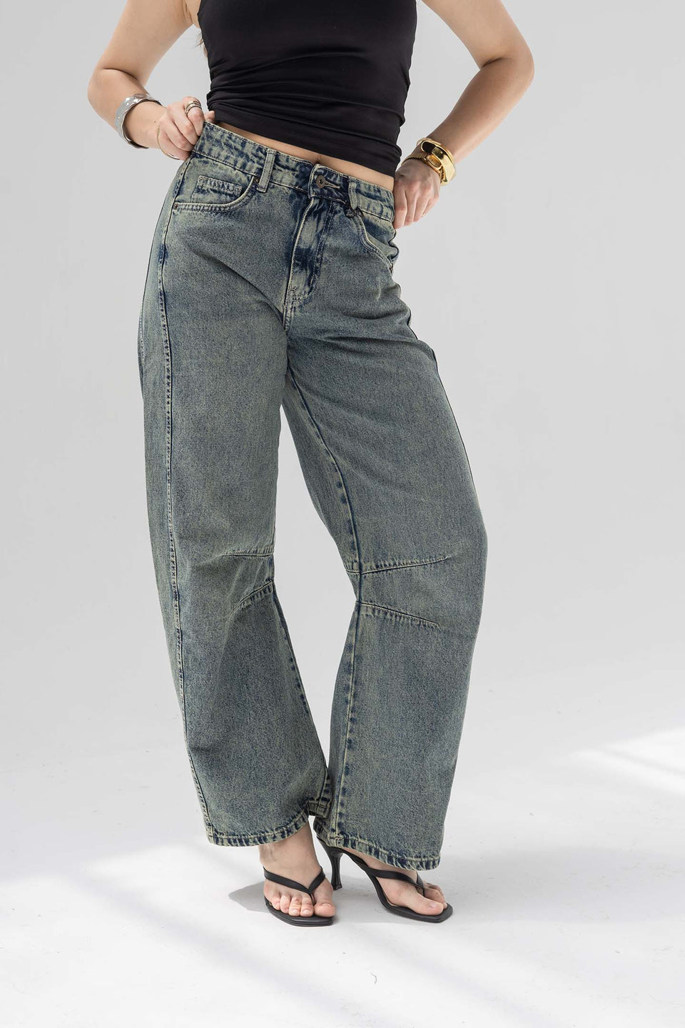 Grey Curved Seam Barrel Jeans