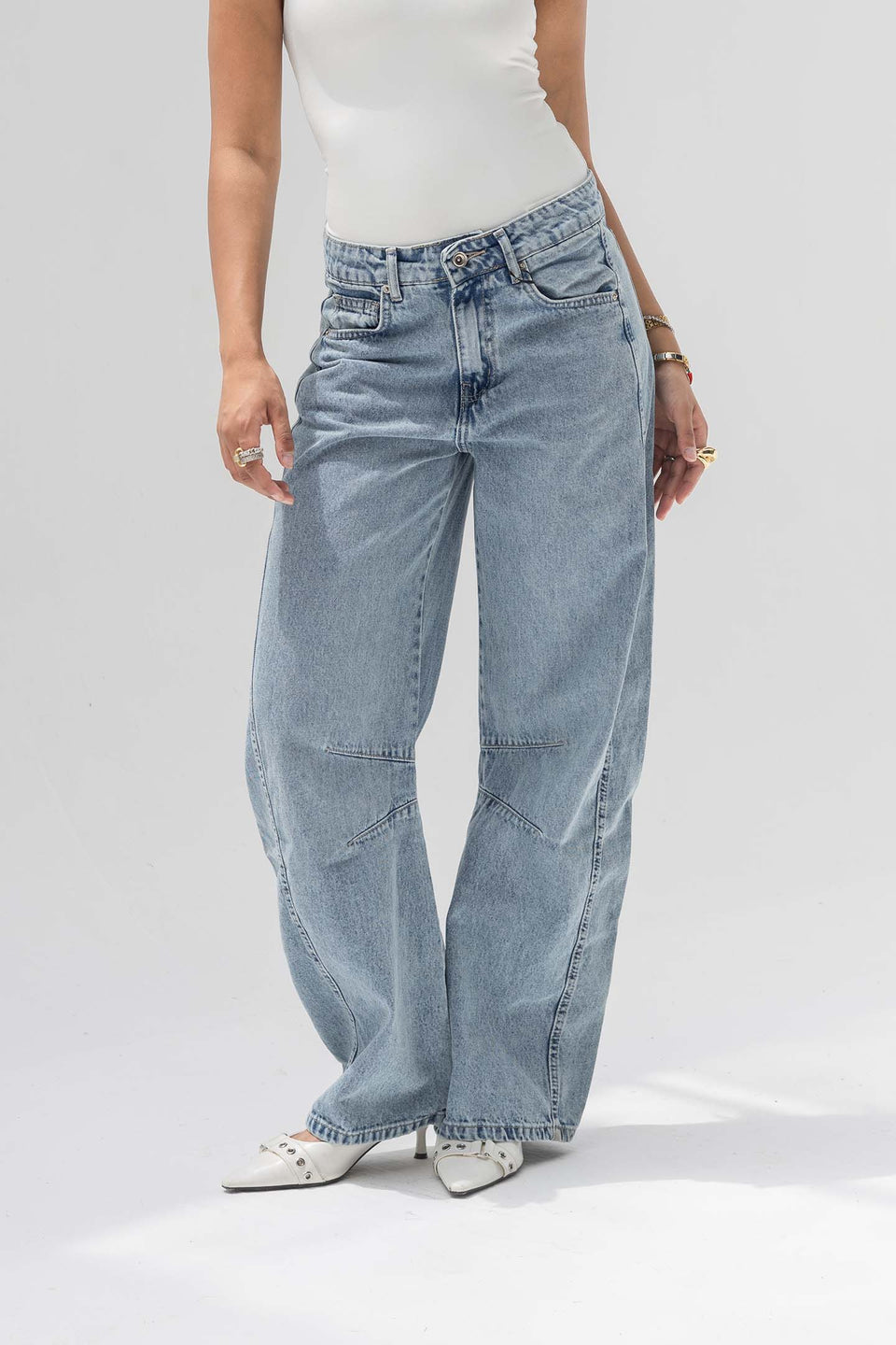 Light Blue Curved Seam Barrel Jeans