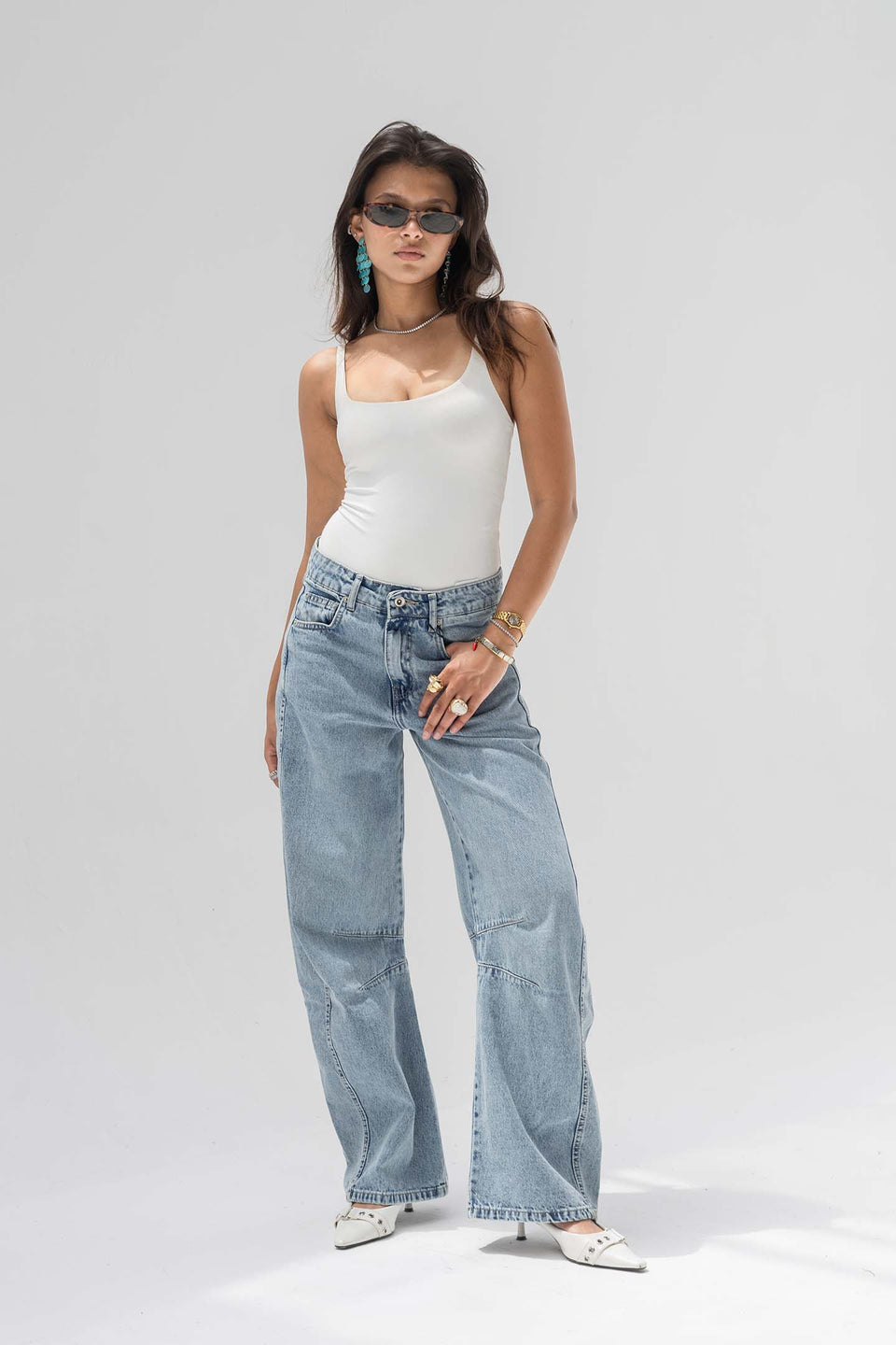 Light Blue Curved Seam Barrel Jeans
