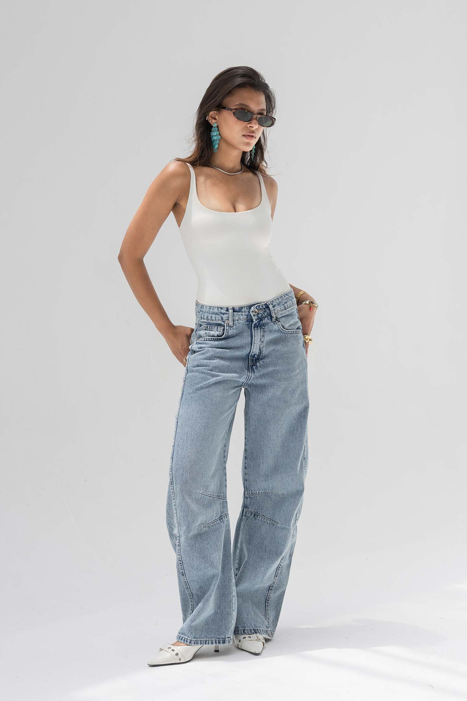 Light Blue Curved Seam Barrel Jeans