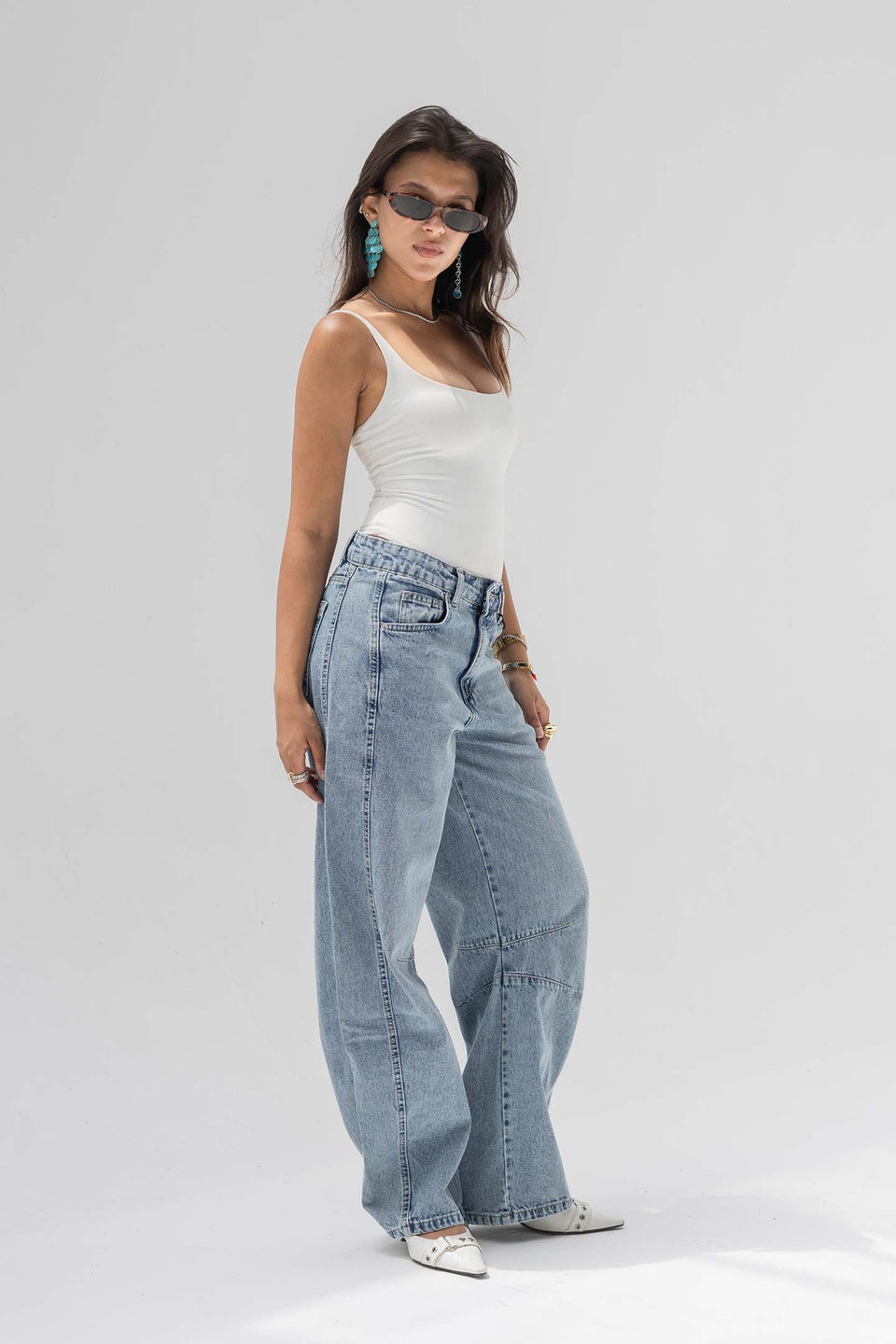 Light Blue Curved Seam Barrel Jeans
