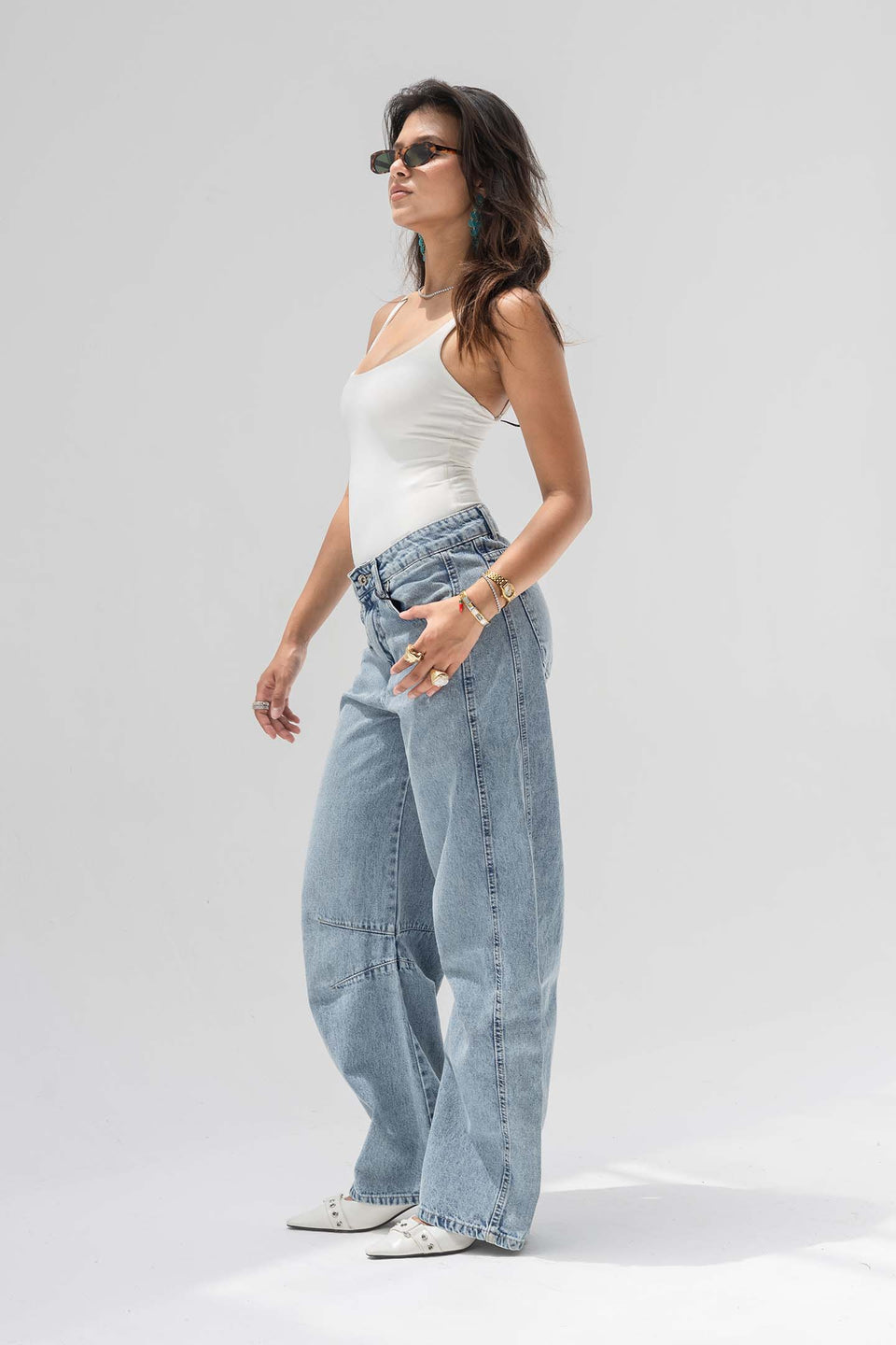 Light Blue Curved Seam Barrel Jeans