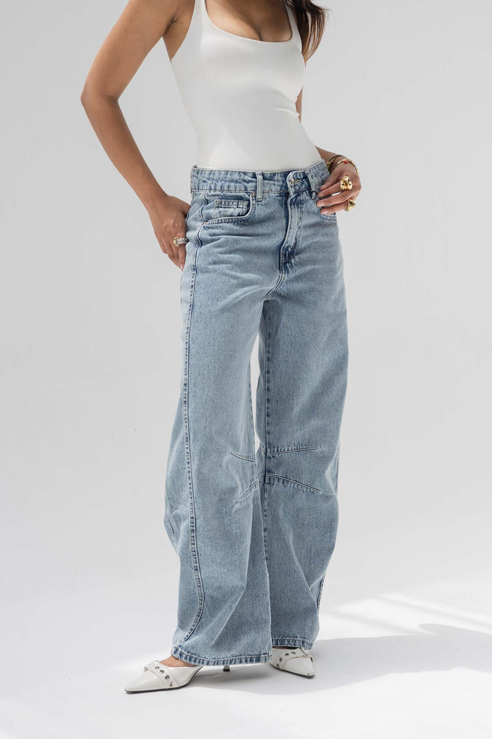 Light Blue Curved Seam Barrel Jeans