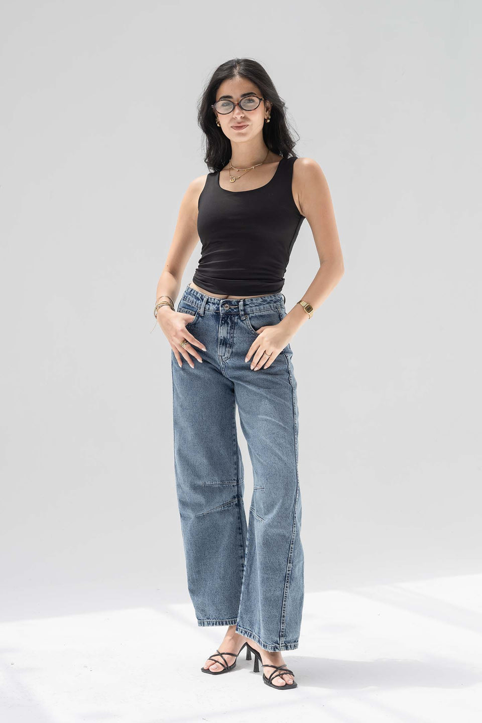 Stone Blue Curved Seam Barrel Jeans