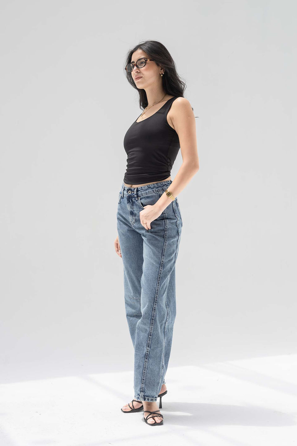 Stone Blue Curved Seam Barrel Jeans