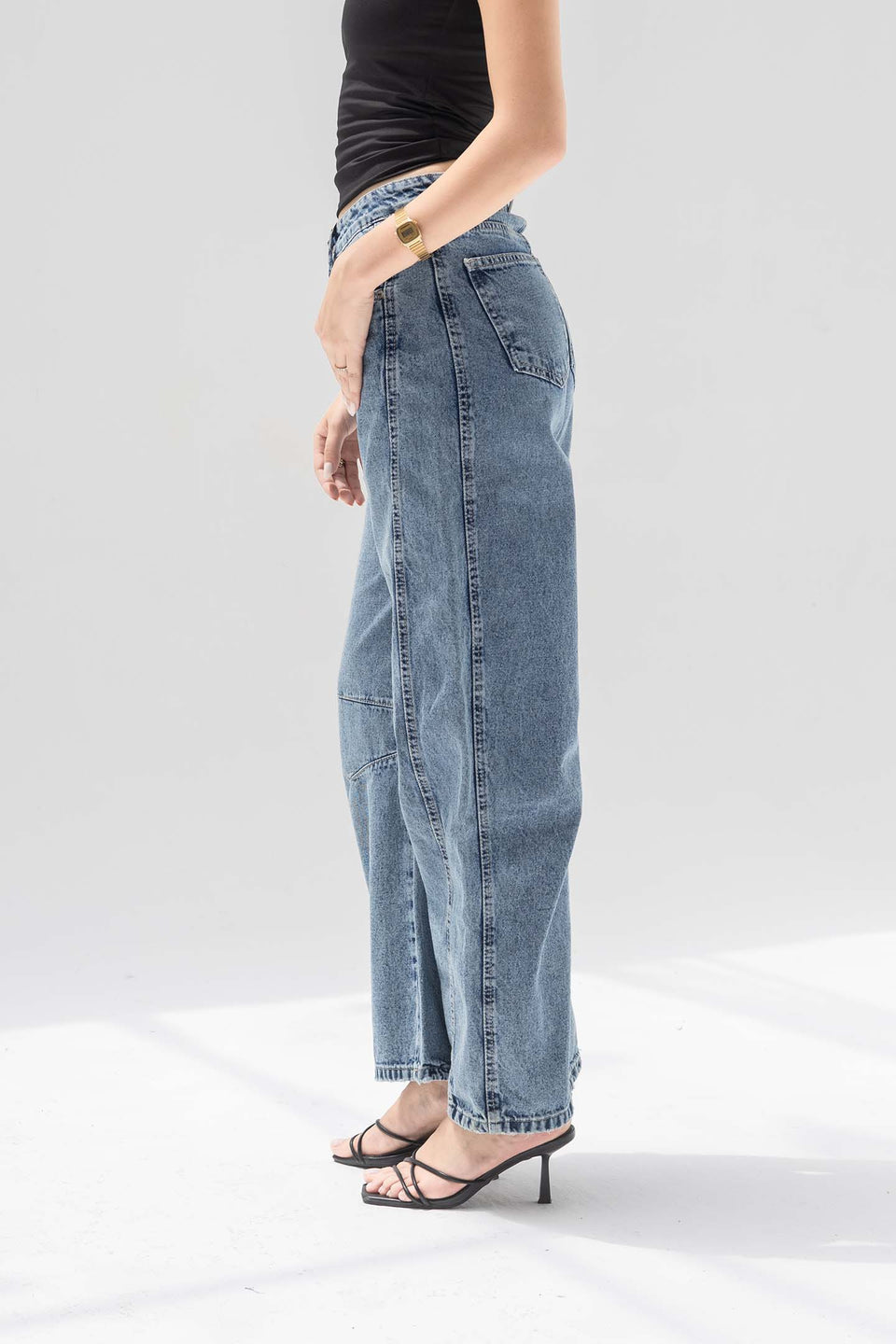 Stone Blue Curved Seam Barrel Jeans