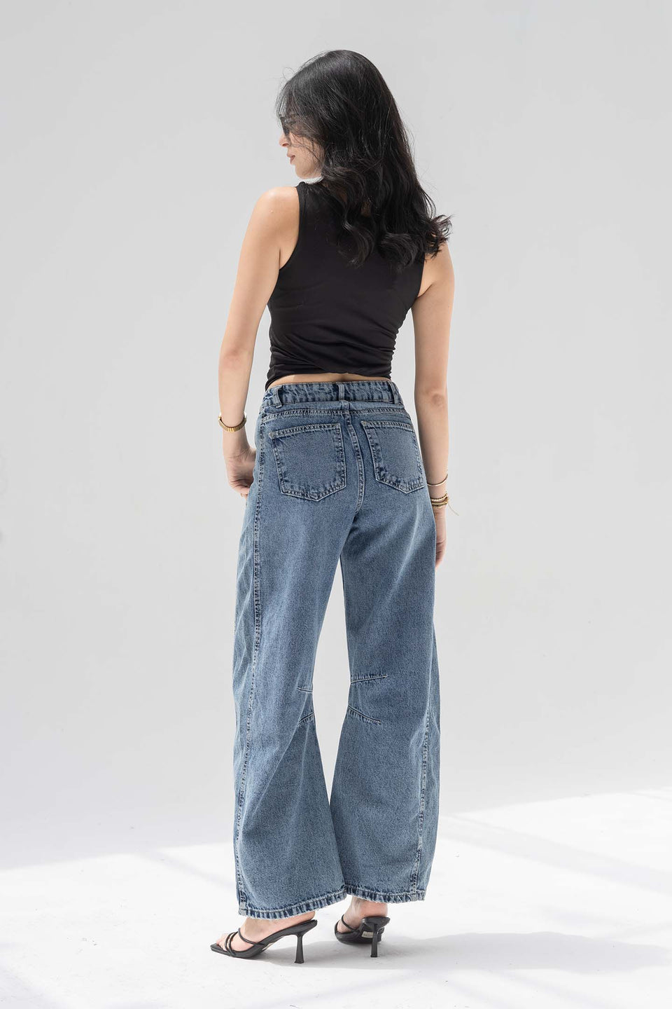 Stone Blue Curved Seam Barrel Jeans