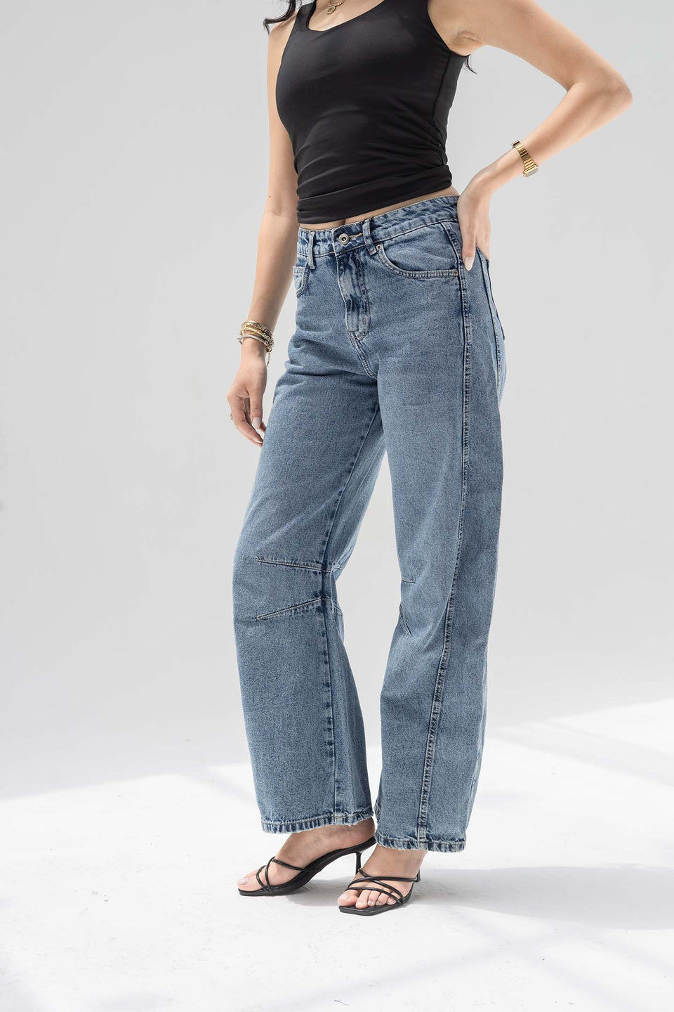 Stone Blue Curved Seam Barrel Jeans