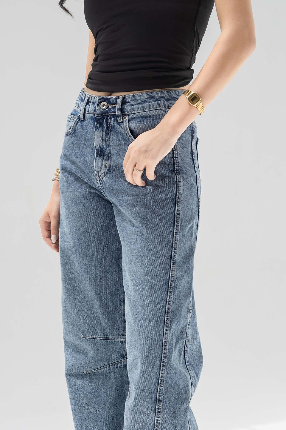 Stone Blue Curved Seam Barrel Jeans